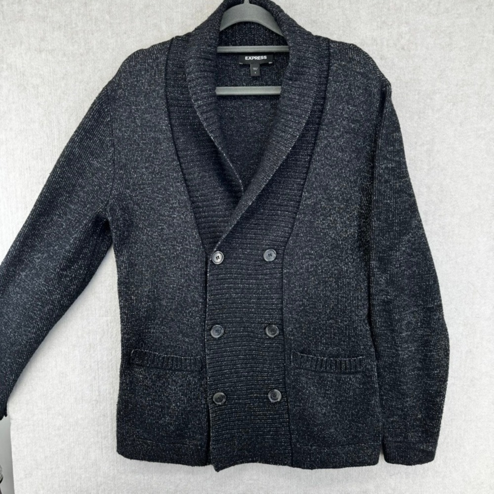 Express Mens Small Grey Black Double Breasted Shawl Collar Cardigan Sweater